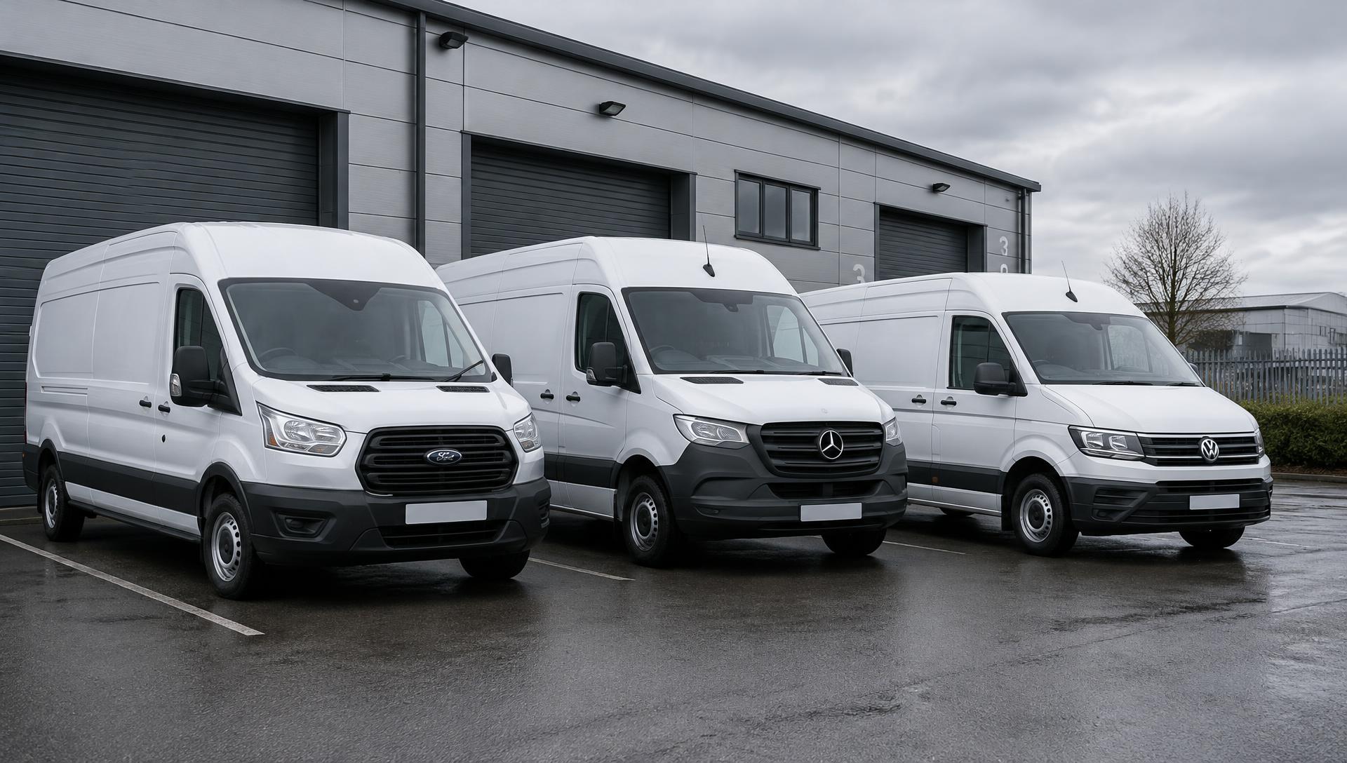 Row of white commercial vans outside an industrial unit