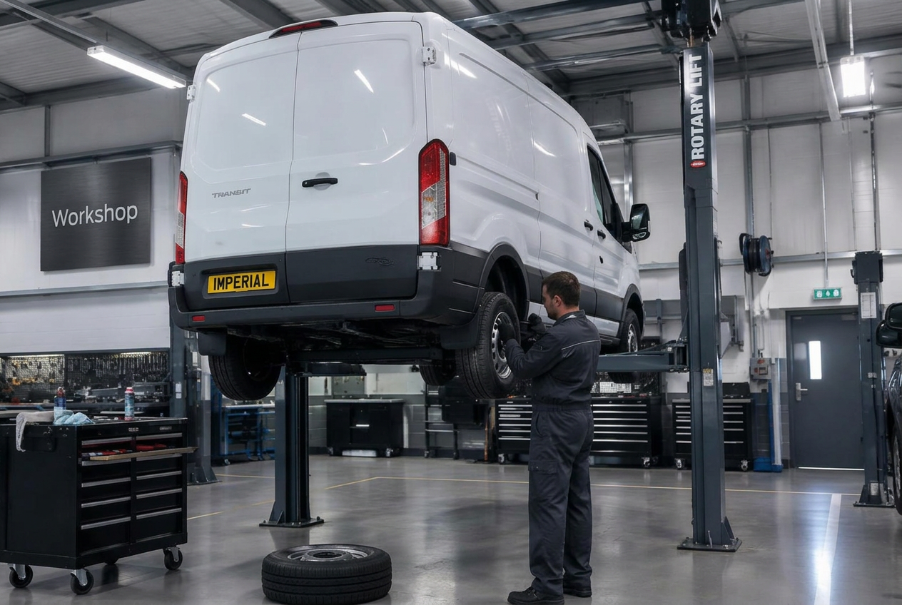 Technician servicing a van on a lift